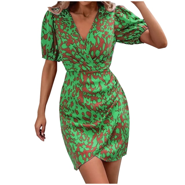 Robes Courtes pour Femmes Été Femmes à Manches Courtes Imprimé Col en V Taille Jusqu'au Genou Robe Décontractée Mode Robe Courte d'Été pour Femmes Robe à Manches Courtes pour Femmes Robe Courte pour Femmes Été
