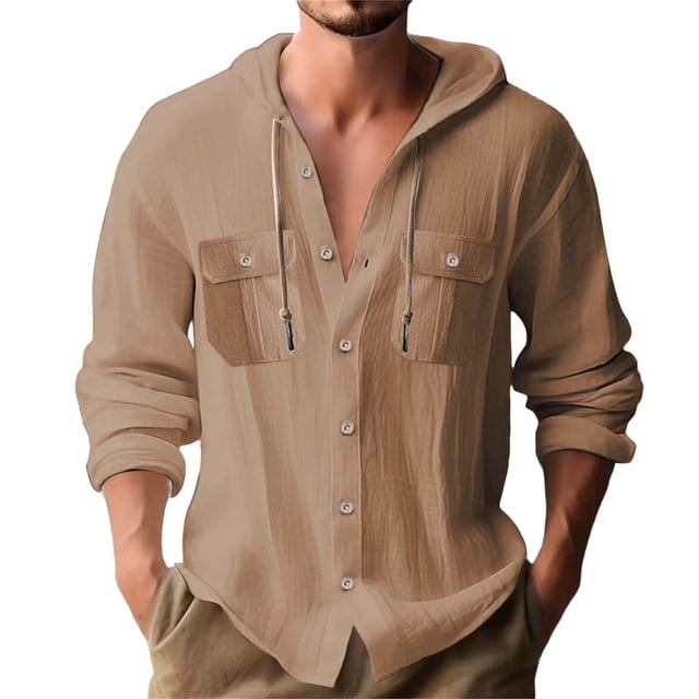 Plebaso Mens Button down Hooded Shirts Long/Short Sleeve Drawstring Hoodies Casual Plain Tops with Pockets