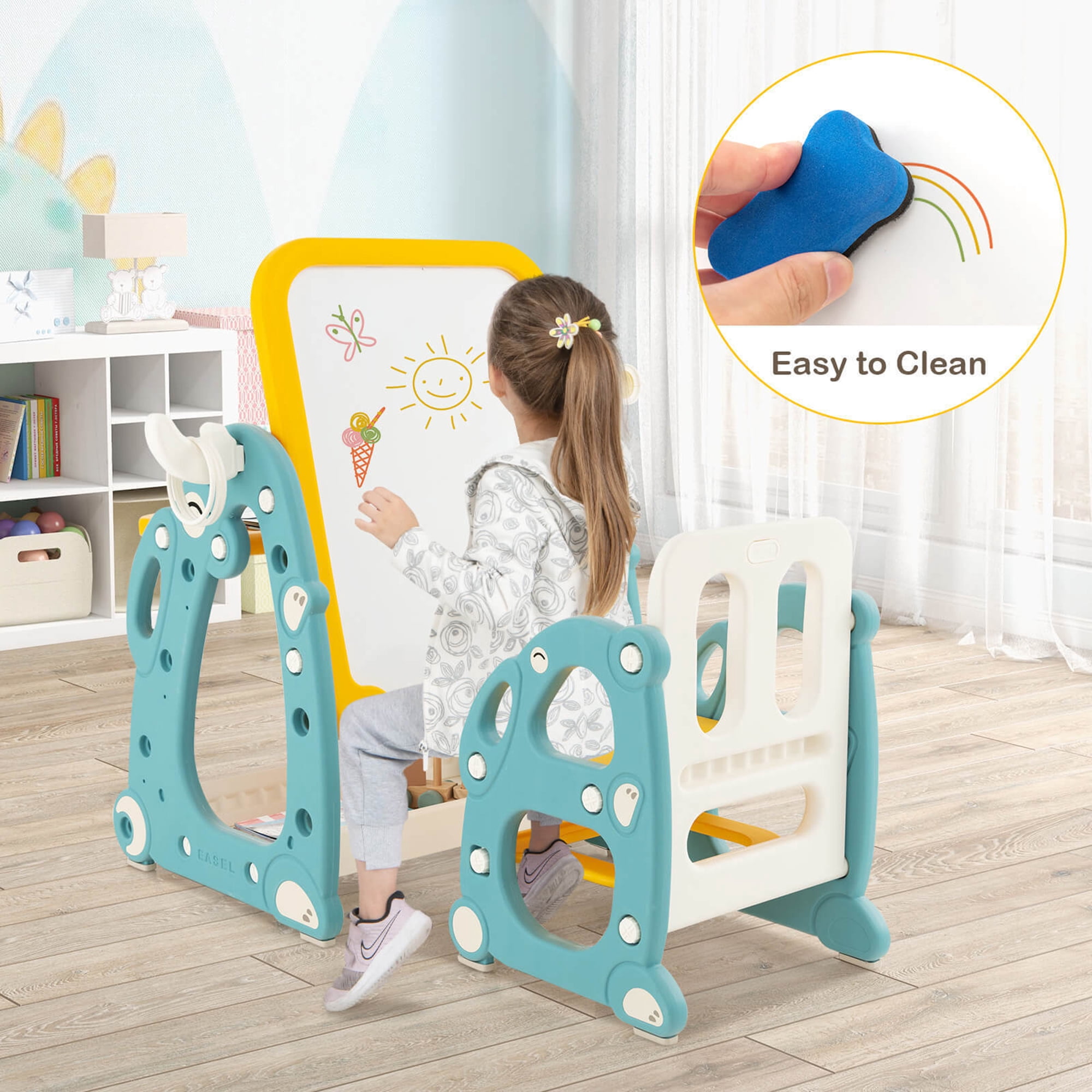 Gymax Kids Art Easel with Chair Kids Activity Table & Chair Set w/ Storage Basket
