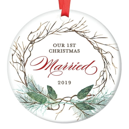 1st Year Married Ornament, 2019 Christmas Ornament for Newlywed Couple, First Xmas Ornaments for the Bride & Groom Ceramic Present Keepsake 3