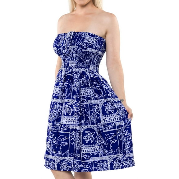 HAPPY BAY Women's Summer Boho Halter Smocked Mini Swing Beach Dress Tube Top Strapless Dresses for Women One Size Lake BlueTropical