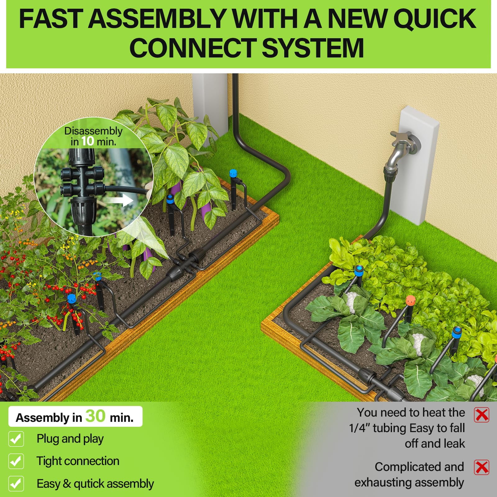Drip Irrigation System 230FT/247FT – Quick Connect Garden Watering Kit with Adjustable Drip Emitters, 1/4” & 5/16” Tubing for Raised Beds Greenhouse Lawn Automatic Timer Compatible