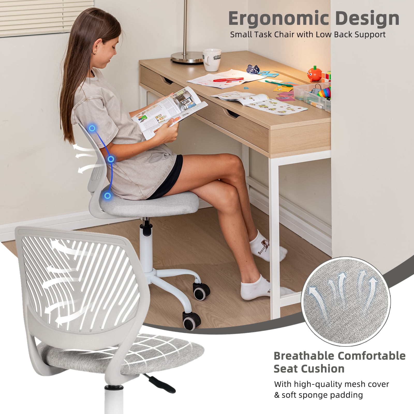 Homy Casa Kids Desk Chair set of 2, Height Adjustable Small Study Computer Task Chair for Student Children Teens with Wheels, Morandi Grey