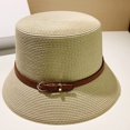thumbnail image 6 of CoCopeaunts Women Summer Bucket Hat Brown Belt Buckle Decoration Flat Top Straw Bucket Cap Sun Protection Beach Fisherman Hat, 6 of 8