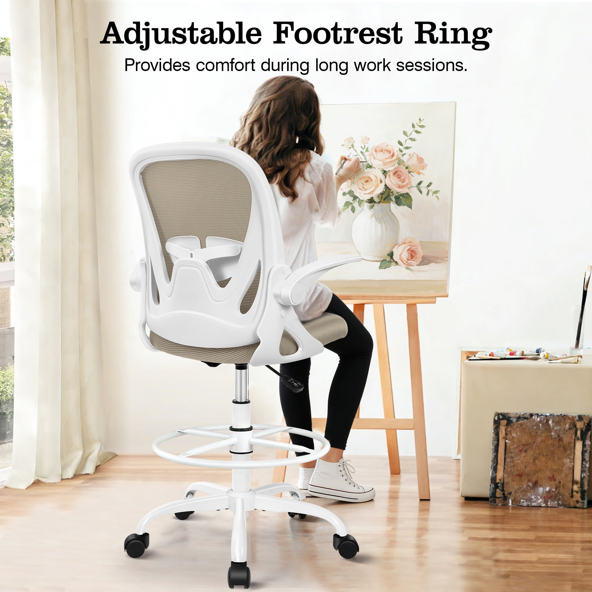 COOLHUT Tall Office Chair 400lbs with Footrest Ring, Standing Desk Chair with Flip-up Armrests, Adjustable Swivel Rolling Mesh Standing Desk Stool with Lumbar Support for Adults, Khaki