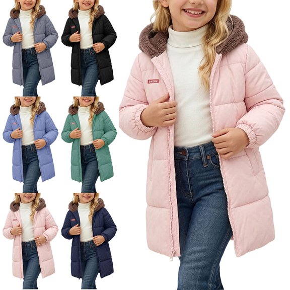 ITSAME Girls Hooded Puffer Coat Long Sleeve Full Zip Winter Quilted Warm Outerwear Jacket with Pockets Navy Size 6