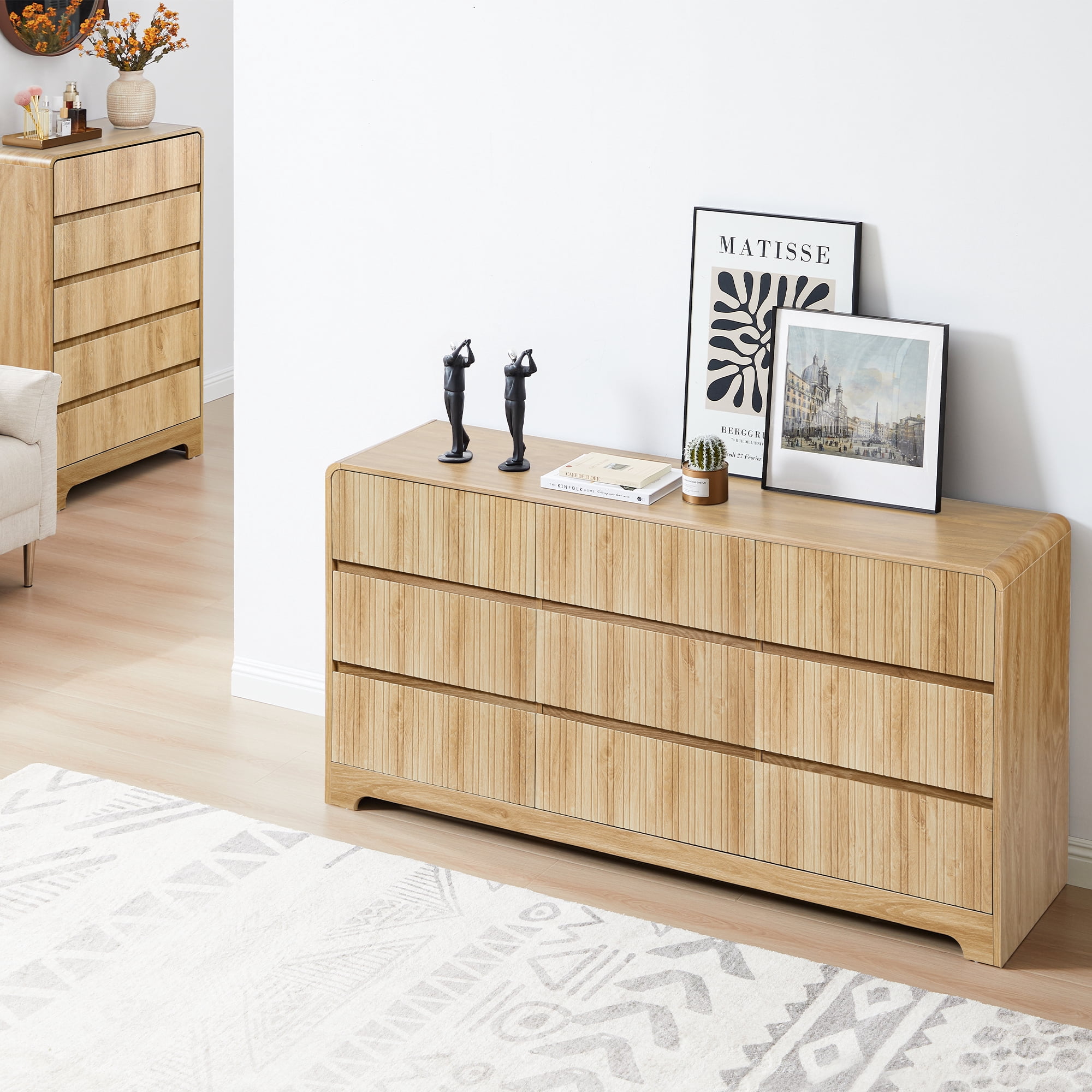 LEFHDA 63" Large 9 Drawer Wood Dressers, Fluted Wide Chest of Drawers, Mid Century Modern Wood Dresser for Living Room, Bedroom, Oak