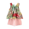 thumbnail image 4 of XFHLMJFF Girls Summer Outfits Cute Casual Kids Fly Sleeve Cartoon Print Princess Headbands Floral Vest Top Shorts Two Pieces Set Leisure Suit, 4 of 9
