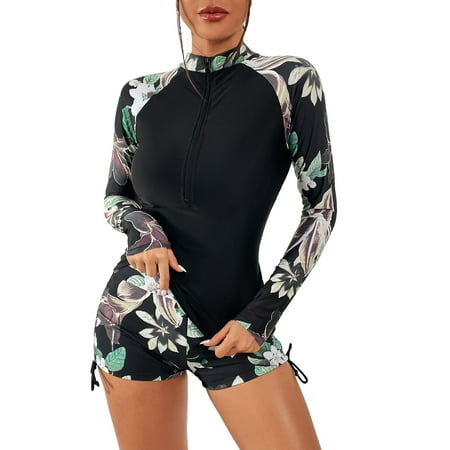 MITCOWBOY Clearance Swimsuit Sets Women Fashion Round Neck OnePiece Pants Zipper Leaf Print Long Sleeve Bikini Swimsuit Bikini Swimsuit Plus Size Swimsuit for Women