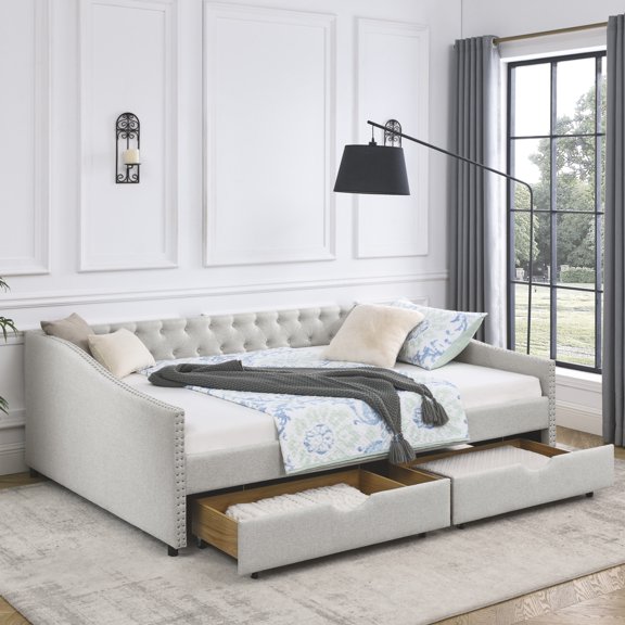 Queen Size Daybed with Drawers, Upholstered Tufted Sofa Bed, Button-Tufted Back, Copper Nails on Waved Arms, Multi-Functional, for Living Room, Bedroom, Guest Room, Compact Spaces, Beige
