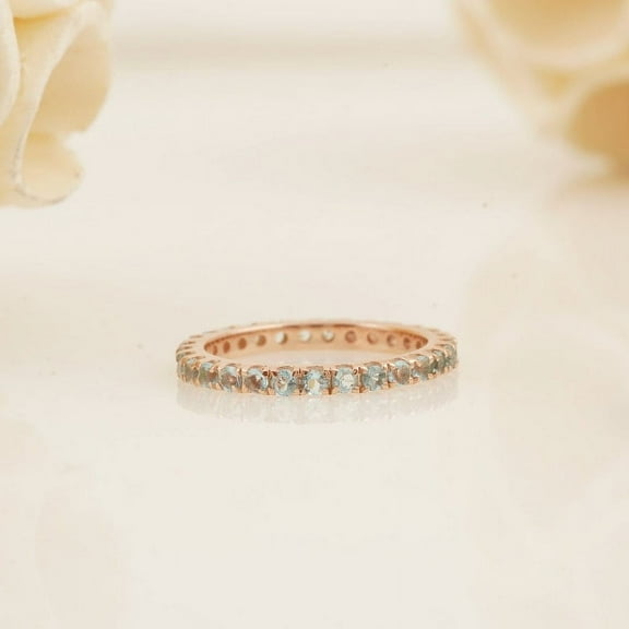 Blue Aquamarine Ring, Full Eternity Aquamarine Wedding Band, Round Cut Band, Birthstone Jewelry, Handmade Art Deco Dainty Band, Gift For Her