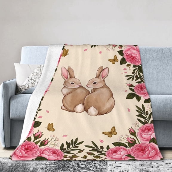 Bunny Throw Blanket, Pink Floral Rabbit Blanket, Soft Flannel Throw for Women, Cute Spring Home Decor for Bed, Sofa and Chair 50x40