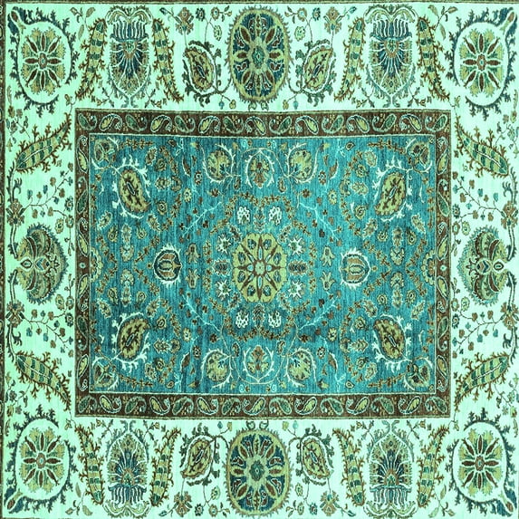Ahgly Company Machine Washable Indoor Square Oriental Turquoise Blue Traditional Area Rugs, 5' Square