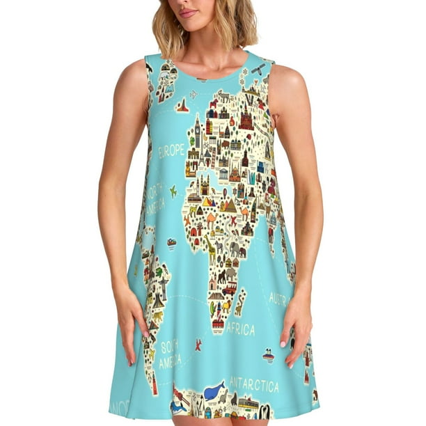 Disketp World Travel Line Icons Map para Vestido sin Mangas para Mujeres, Vestidos de Verano para Mujeres, Casual y Holgado para la Playa