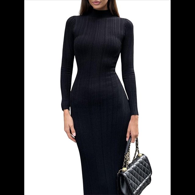 Vestido Informal Ajustado de Punto Acanalado de Larga para Mujer, Otoño e Invierno Negro M