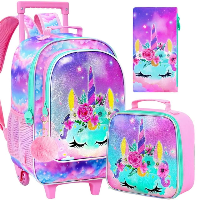 Set de mochila con ruedas AGSDON para niñas con diseño de unicornio 32x46x15 cm