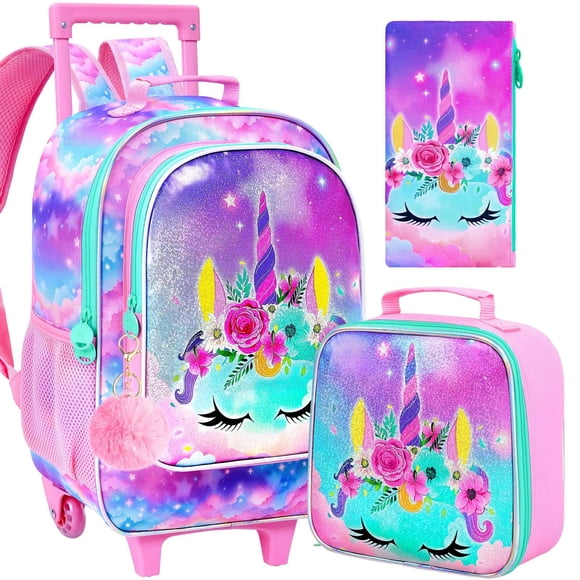 Set de mochila con ruedas AGSDON para niñas con diseño de unicornio 32x46x15 cm