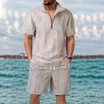 thumbnail image 2 of FRSASU Men's Waffle Short Sleeve Polo Shirt & Shorts Set Summer Two Piece Outfits with Pockets 1/4 Zip Tracksuits Casual Daily Sport Khaki, 2 of 9