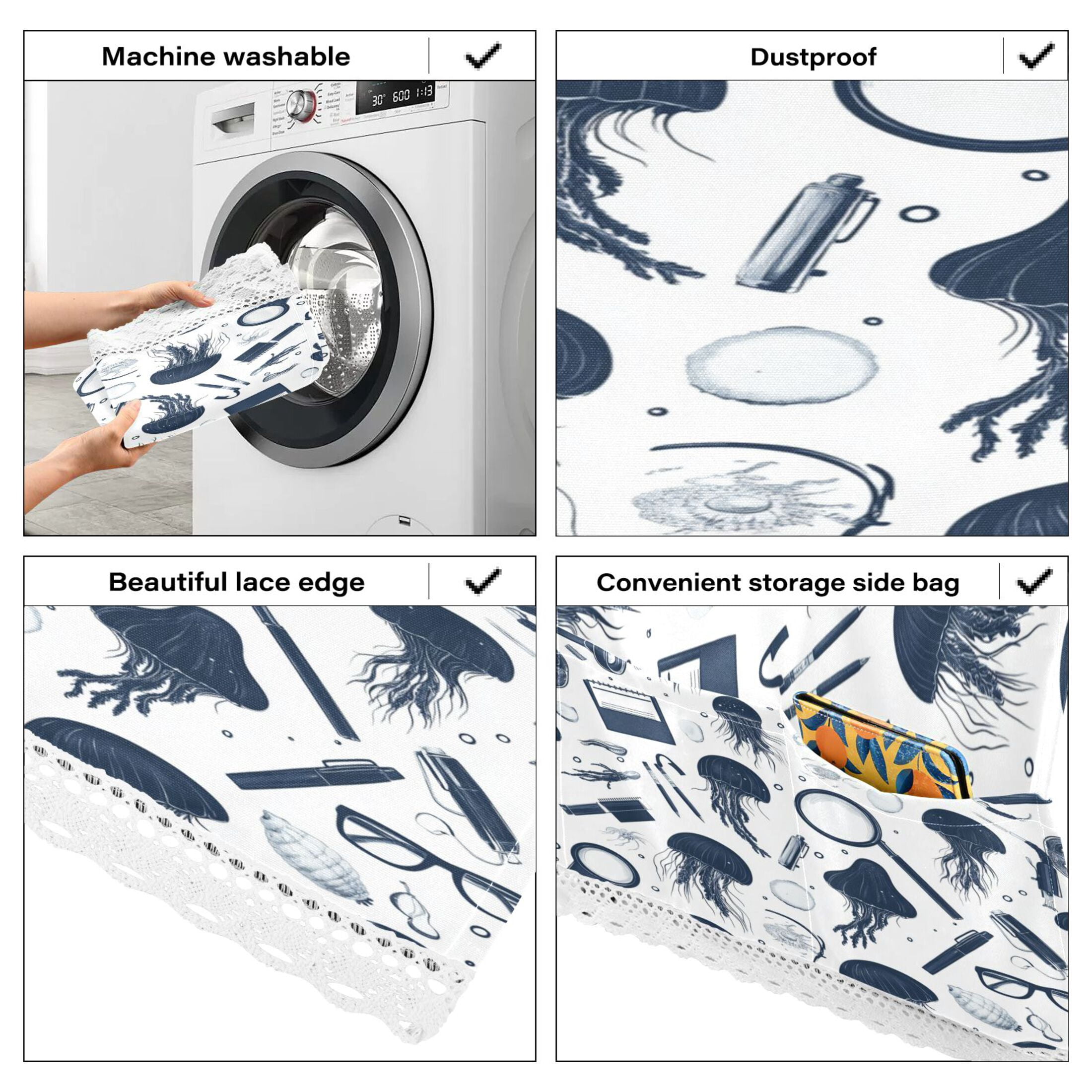 Blue Jellyfish PatternWasher and Dryer Covers Dust-Proof and Oil Resistant Fridge Cover with 4 Storage Pockets Washing Machine Top Cover for Laundry Kitchen Home 51.2 x 22 In