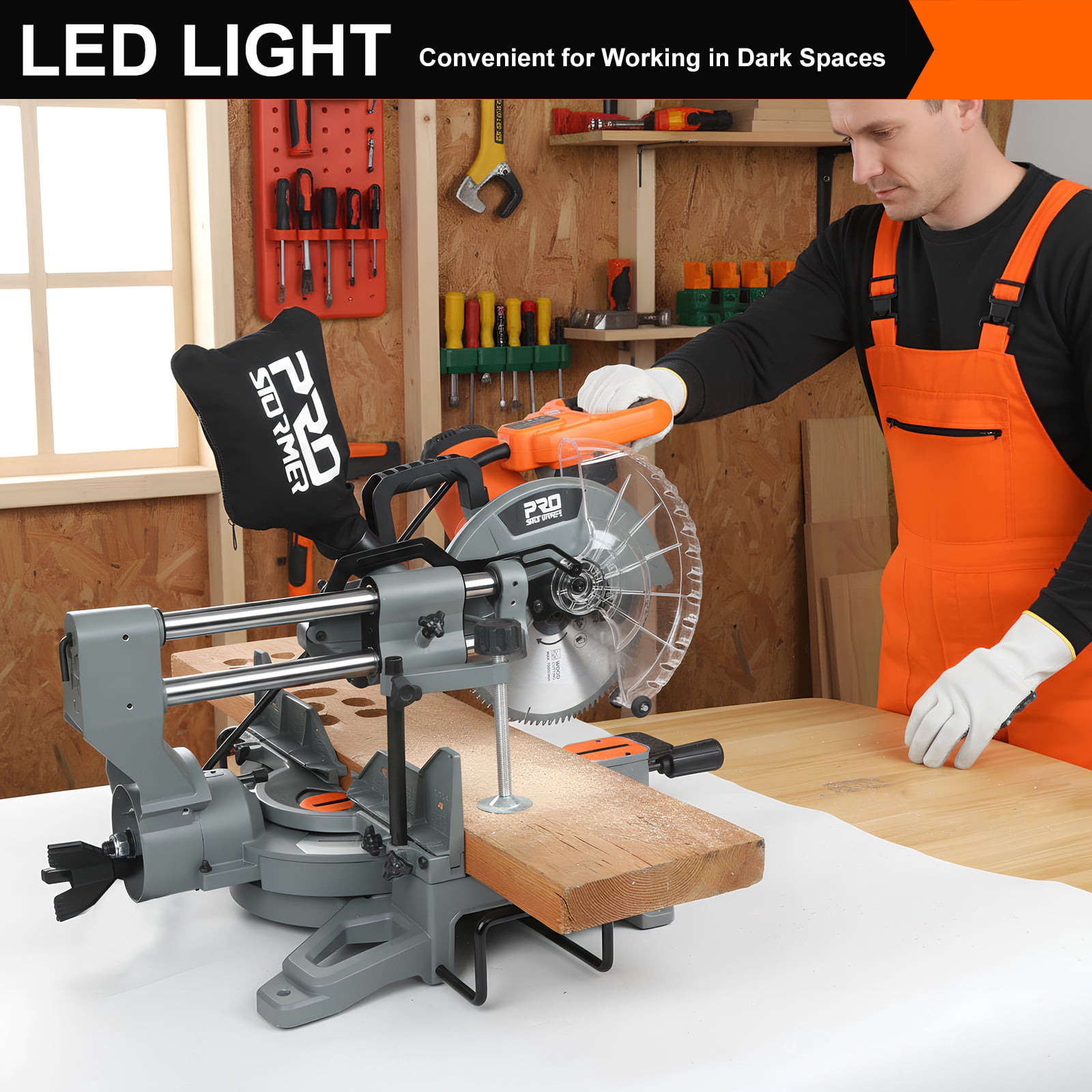 PRO 12-Inch Double Slope Sliding Composite Oblique Saw, 5000RPM, 15A Power Miter Saw, with Expansion Table and LED Shadow Line