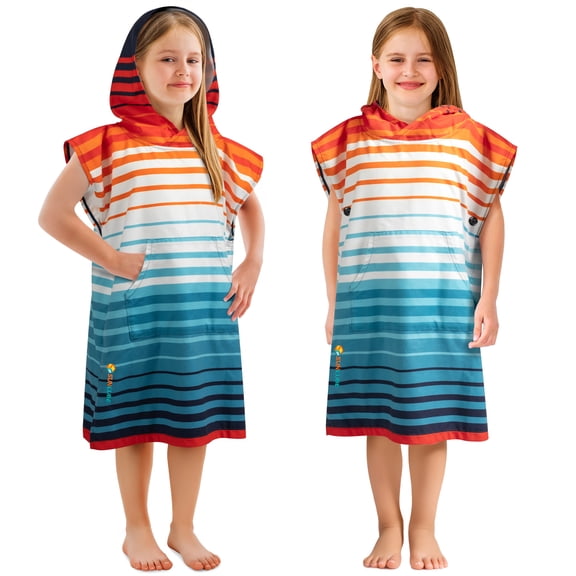 SUN CUBE Kids Surf Poncho, Hooded Changing Robe, Quick Dry, Absorbent, Lightweight Sand-Resistant Microfiber Wearable Towel, Beach & Pool Cover-Up for Boys & Girls (Ages 3-7, Orange Stripe)