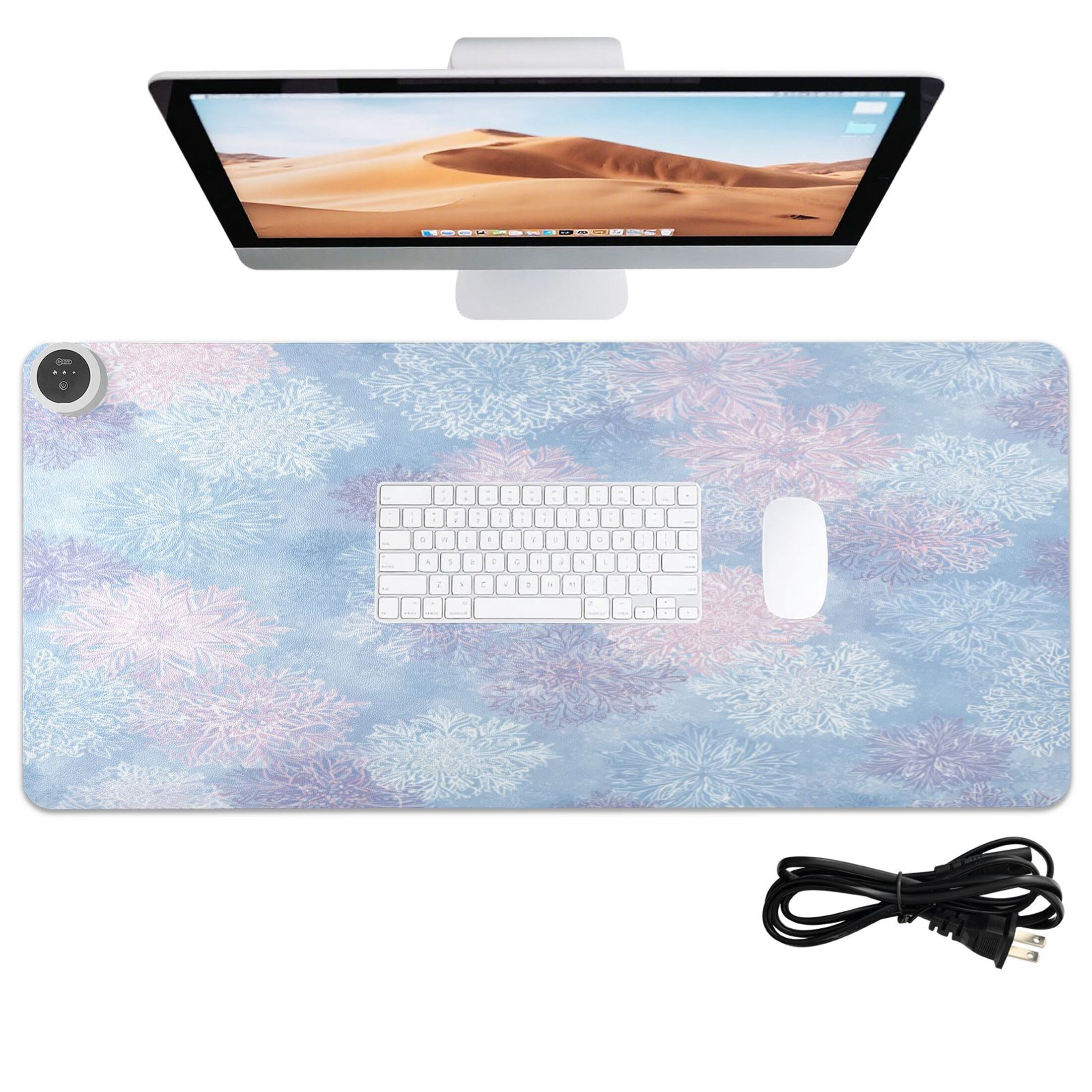 Large Heated Desk Mat Mouse Pad 31.5"x13"PU Leather Graphene Heating Desk Warmer with 3 Temperature Settings 110V US Plug Non-Slip Warm Pad for Home, Office, and Gaming Pale Blue Pink Snowflakes