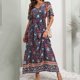 thumbnail image 4 of Vestido hasta el tobillo con estampado de manga corta suelto con cuello en V Vintage bohemio a la moda para mujer Fridja  qw6788, 4 of 9