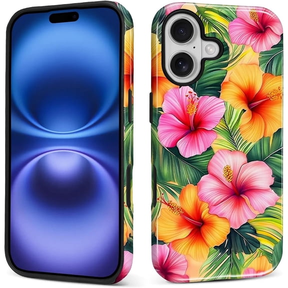 Case for iPhone 17, 2 in 1 PC Hard Shell & Silicone Inner Bumper Anti-Scratch Full-Body Cover Shockproof Slim Design Tropical Vibrant Summer Florals