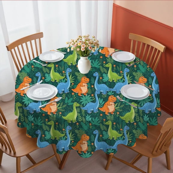 Dinosaur and Plant Green Pattern Round Tablecloth 70"x70", Wrinkle Resistant Wipeable Table Cover for Kitchen Dining Room Picnic Patio and Party