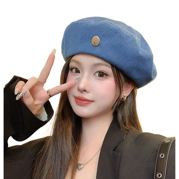 Qarigey Gorro de boina con acento de objeto metálico para mujer, sombreros para varias ocasiones, boina para mujer Sombreros Azul profundo