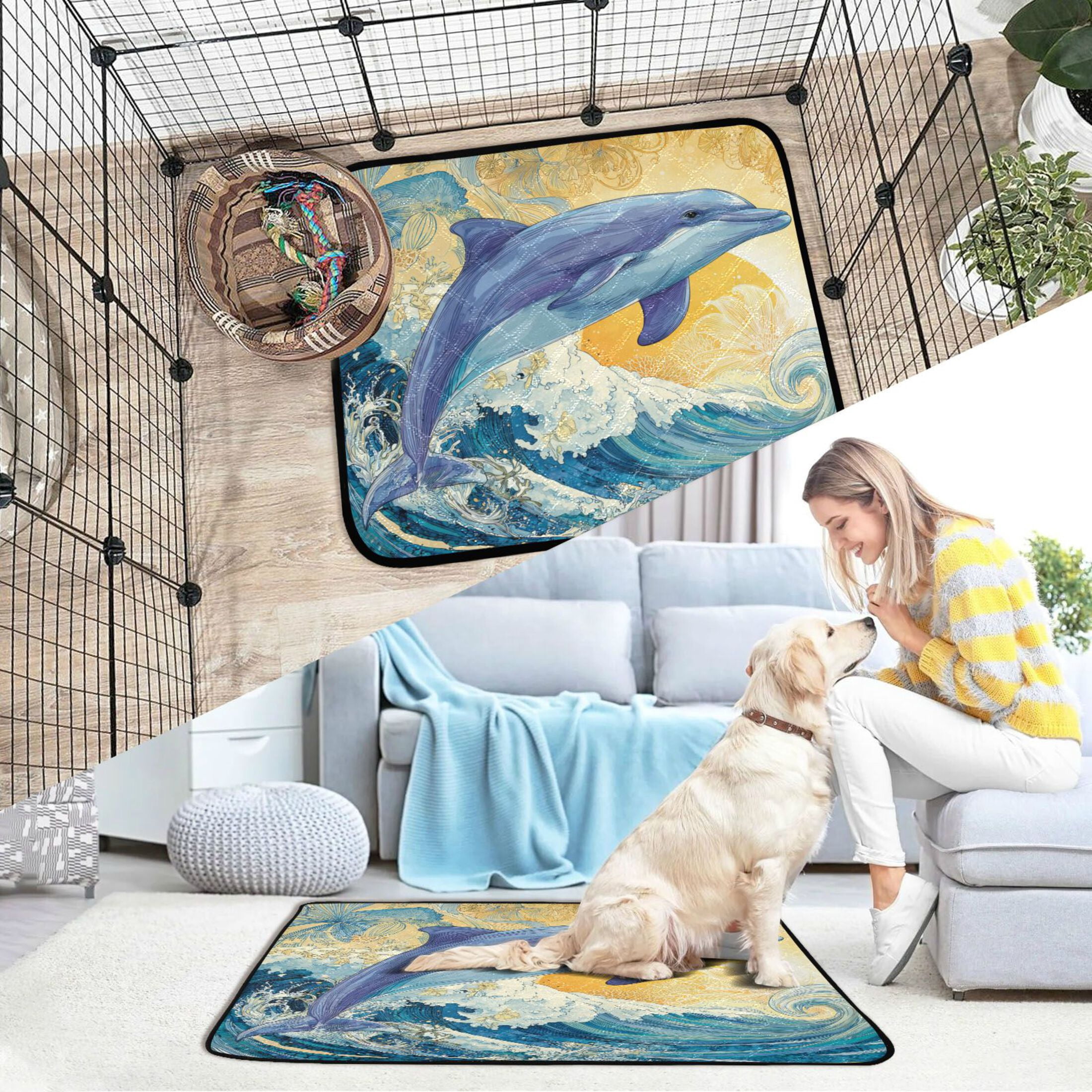 Qxltty Blue Dolphin Cat litter Pads Pet Set of 3 Diaper Mats Center Anti-leakage Layer Absorbent Soft and Comfortable