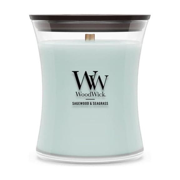 WoodWick Sagewood & Seagrass Scented Medium Hourglass Candle, Crackles as it burns, Perfect for gifting, 9.7oz