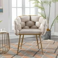thumbnail image 2 of Luxury Velvet Accent Chair Set of 2, Modern Upholstered Chair with Metal Frame, Stylish Woven Back, Gold Frame, 2pcs Single Leisure Arm Chair for Living Room, Bedroom, Office, Balcony, Beige, 2 of 8