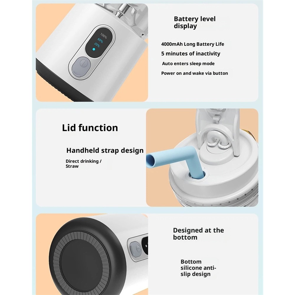 Portable Blender for Smoothies and Shakes, 2 Portable Blender Cups, 17.63 Cordless Personal Small Blender with Straw Brush&Lid, USB-C Rechargeable, Quiet Mini Travel Blender, White
