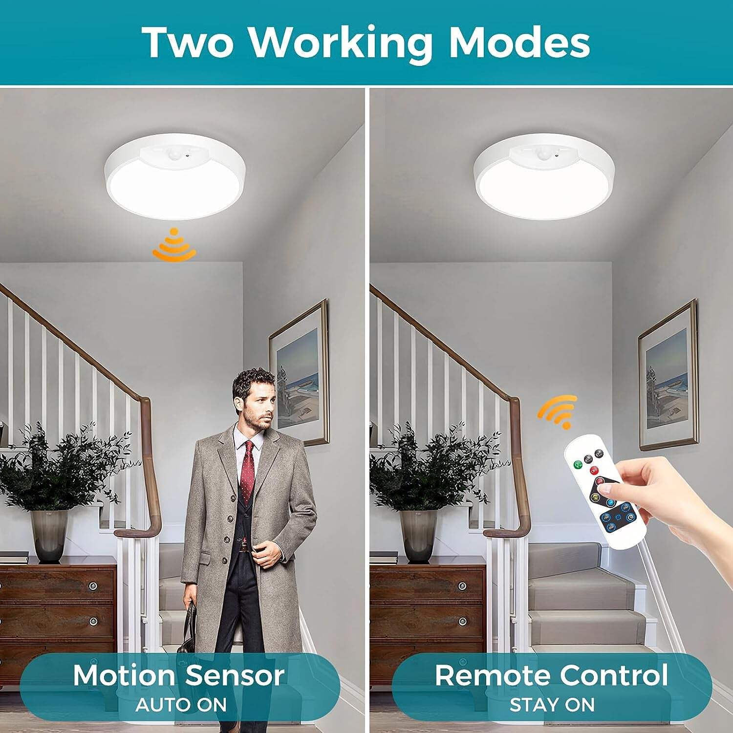 Rechargeable Motion Sensor Ceiling Light with Remote - Battery Powered for Closets, Shower, Stairs, Shed, Hallway