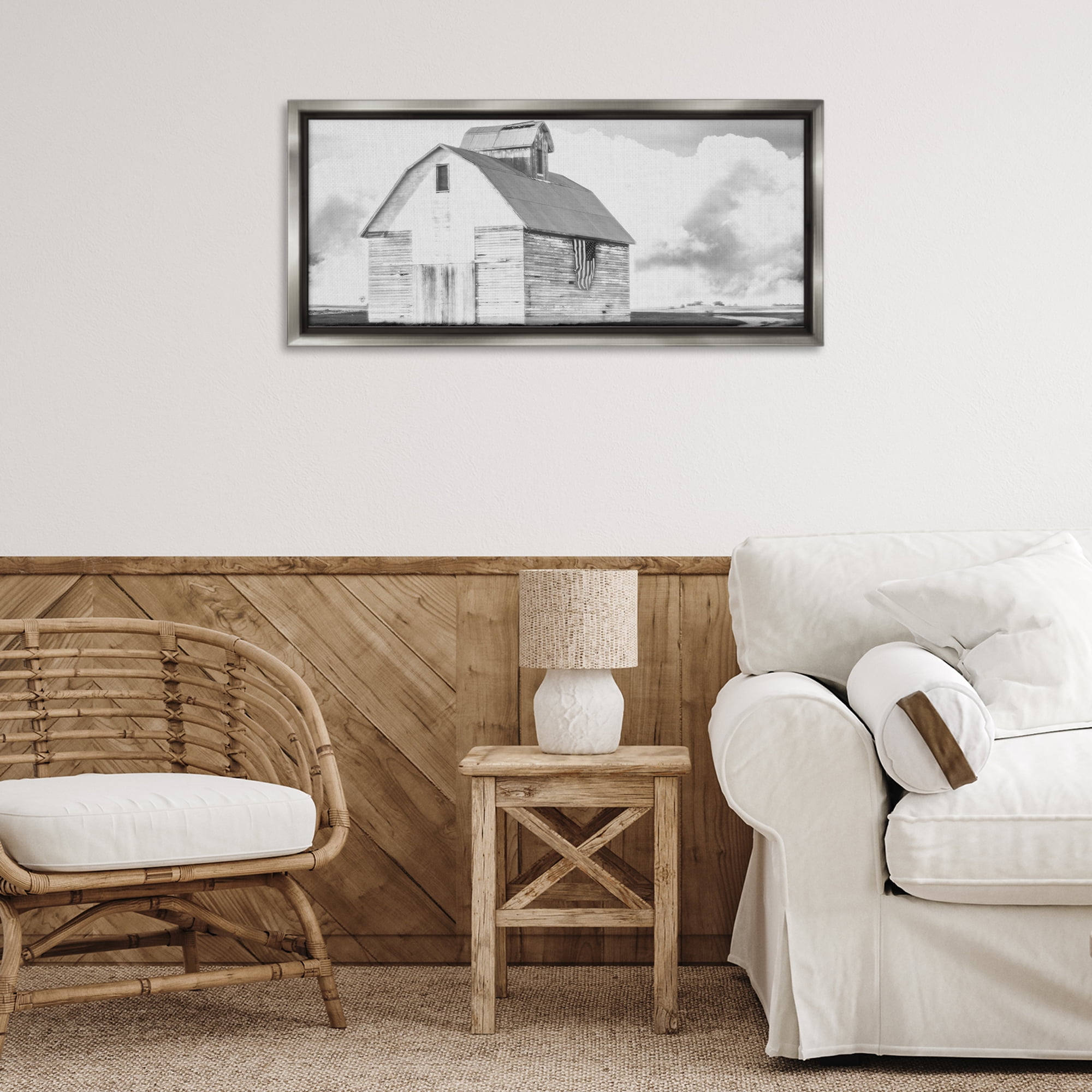 Stupell Industries USA Flag on Barn Patriotic Painting Gray Floater Framed Canvas Art Print Wall Art, 31 x 14