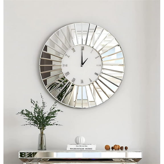 SHYFOY Mirror Glass Wall Clock - 24in Round Silver Glass Finish Decorative Wall Clock for Living Room Office Home Decor