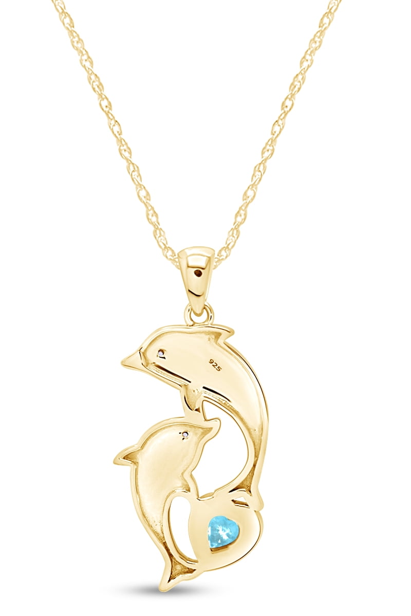 AFFY Heart Simulated Aquamarine & Cubic Zirconia Dolphin Pendant Necklace 14K Yellow Gold over Silver
