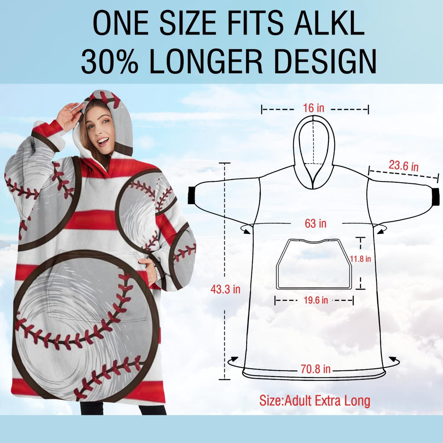 Oversized Wearable Blanket Hoodie,Red and White Striped Baseballs Pattern Sherpa Blanket Hoodie with Super Pockets,Super Warm Fuzzy Pullover for Women & Men