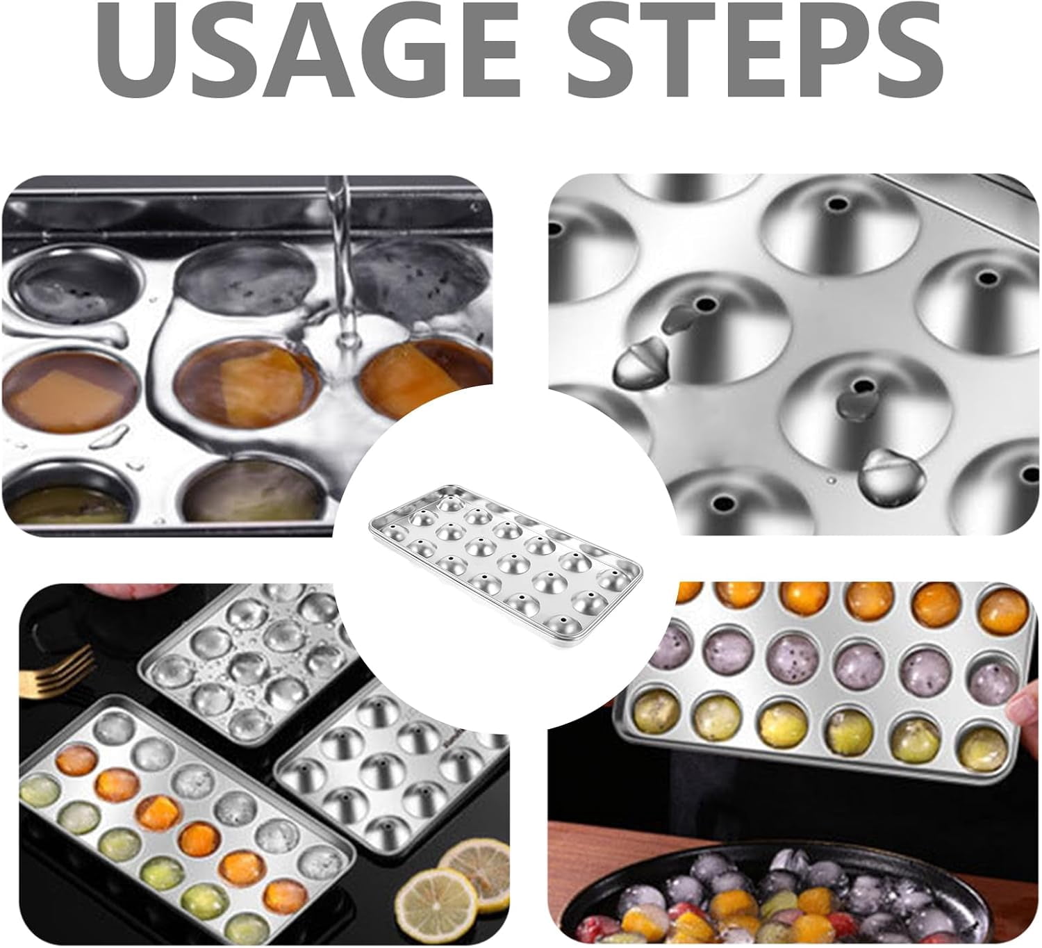 ABPETE Stainless Steel Round Ice Cube Tray With Lid - Easy Release Mold for Ice Balls - Freezer Tray for Drinks, Soda, Whiskey, Cocktails