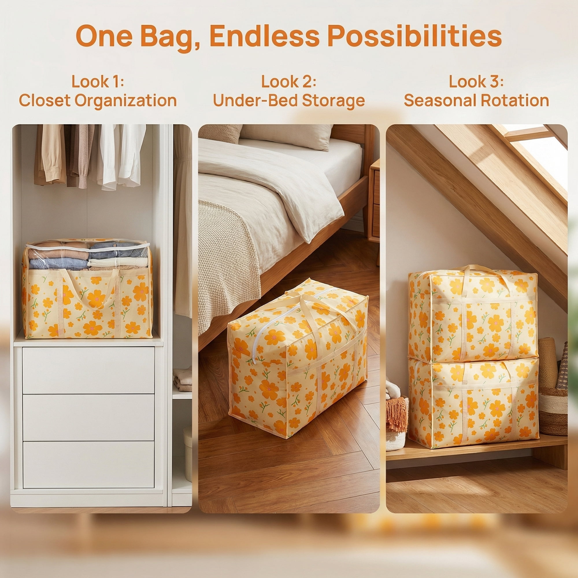 Unique Bargains Foldable Storage Bags for Organizing Livingroom Orange 22.4"x9.8"x15.7"