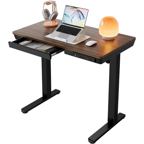 MUERE Electric Standing Desk with Drawers, 35 X 20 Inch Electric Adjustable Height Desk, Quick Install One-Piece Tabletop with USB Charging Ports, Sit to Stand Up Desk for Home Office, Black Walnut