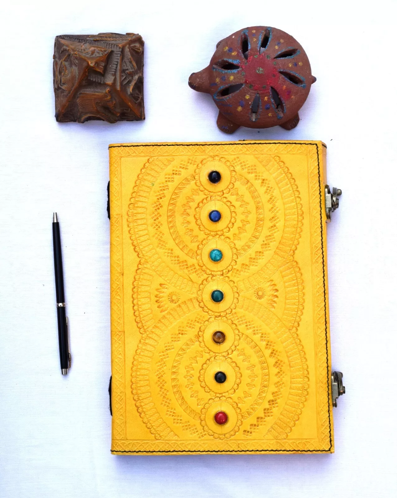 Handcrafted Embossed Design Vintage Leather Bound Journal Seven Stone Grimoire Yellow Diary Blank Notebook For Men & Women