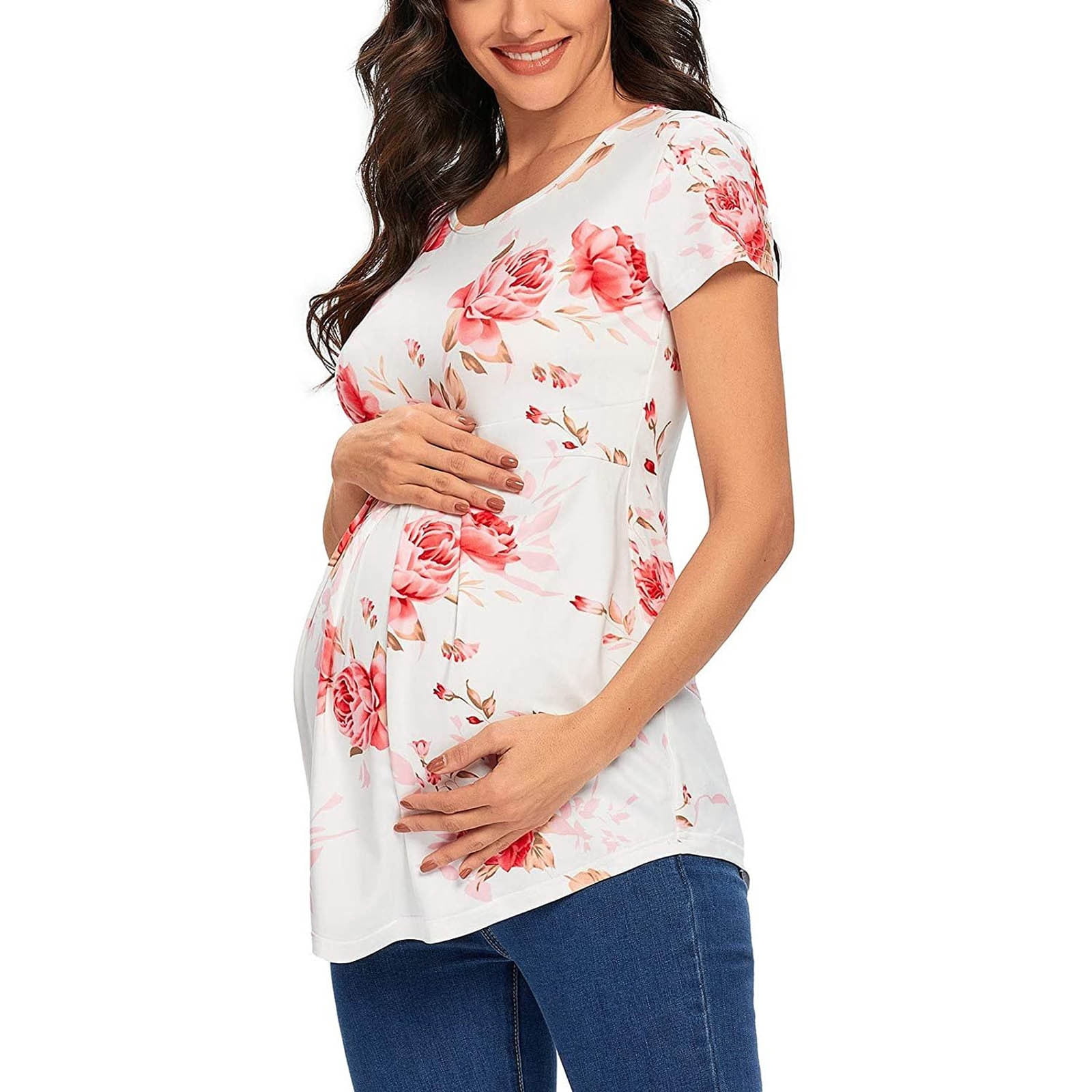 Women's Maternity Tops Tunic T-Shirt Pregnancy Clothes Ladies Fashion Flower Print Short Sleeve Pregnant Woman Casual Clothe Top