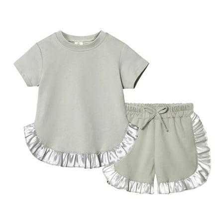 Rggeeun Baby Girls Clothes Sets Solid Color Short Sleeve Crew Neck Smocked Top & Elastic Waist Loose Fit with Adjustable Tie Shorts for Summer Theme Park Visit Lovely Tracksuit Gray 3-4 Years