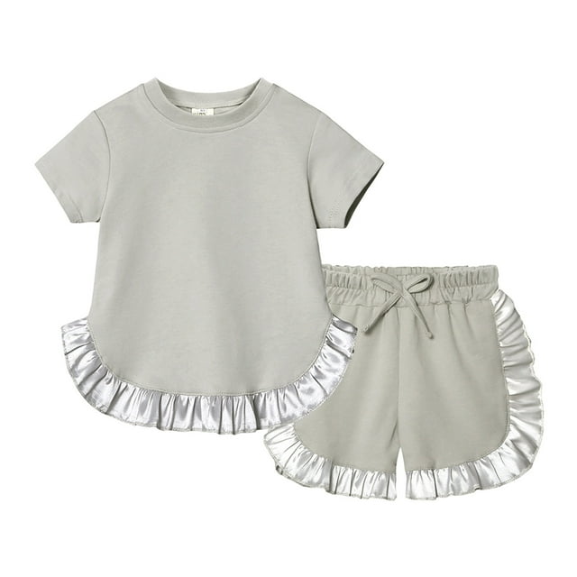 Afdoent Toddler Girl Clothes Kids Toddler Baby Girls Spring Summer Solid Short Sleeve Tshirt Ruffle Shorts Tracksuit Outfits Clothes Set For 6-7 Years