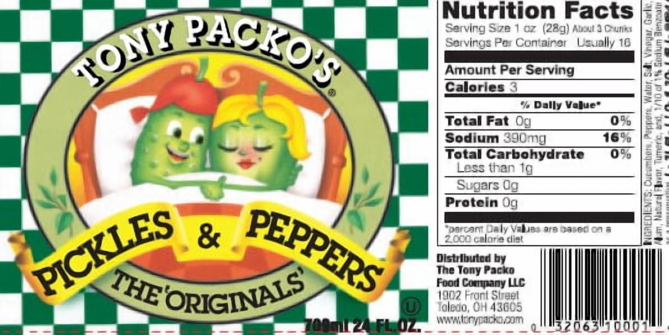 Tony Packo's, Pickles and Peppers, 24 oz Glass Jar, Serving Size 2 Chunks 1 oz