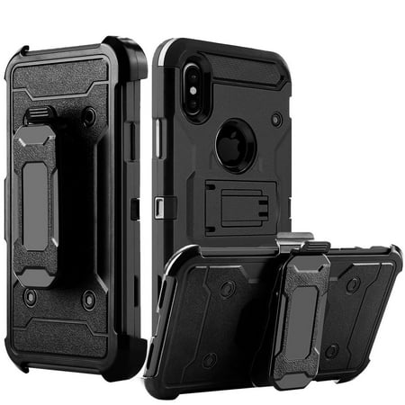 iPhone X Case, Mignova Rugged Plastic Heavy Duty Armor Holster Defender Full Body Protective Hybrid Case Cover with Belt Swivel Clip and Kickstand for Apple iPhone X
