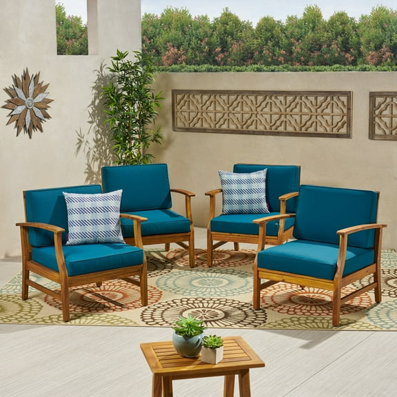 Persia Outdoor Teak Finished Acacia Wood Club Chairs with Cushions, Blue.