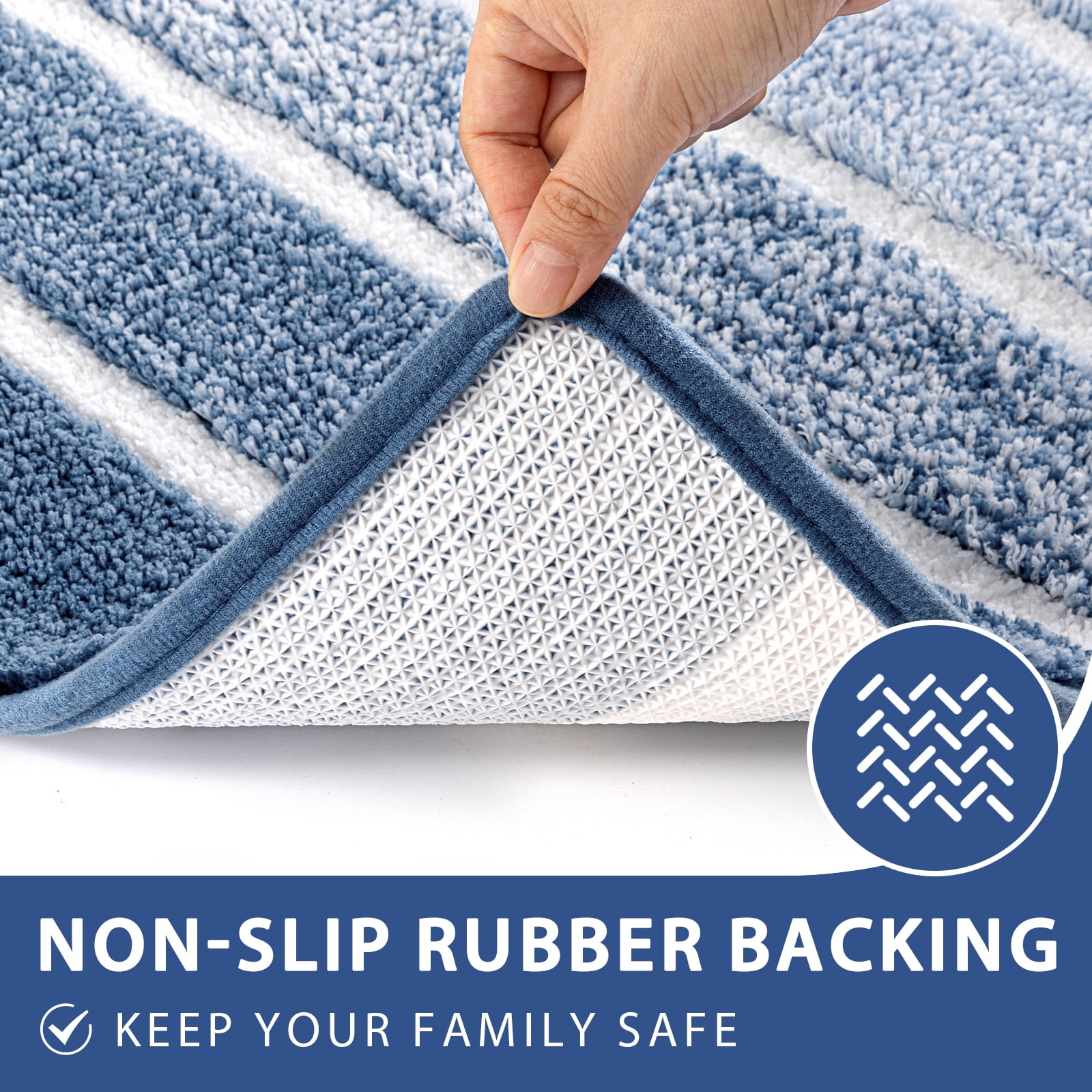 Findosom Bathroom Rugs Set of 3,Absorbent Non-Slip Machine Washable Bath Rugs, Microfiber Quick Dry Bath Mats for Bathroom Floor Tub Shower Bedroom Kitchen,18"x26"+18"x48"+U Shape 20"x24" Blue
